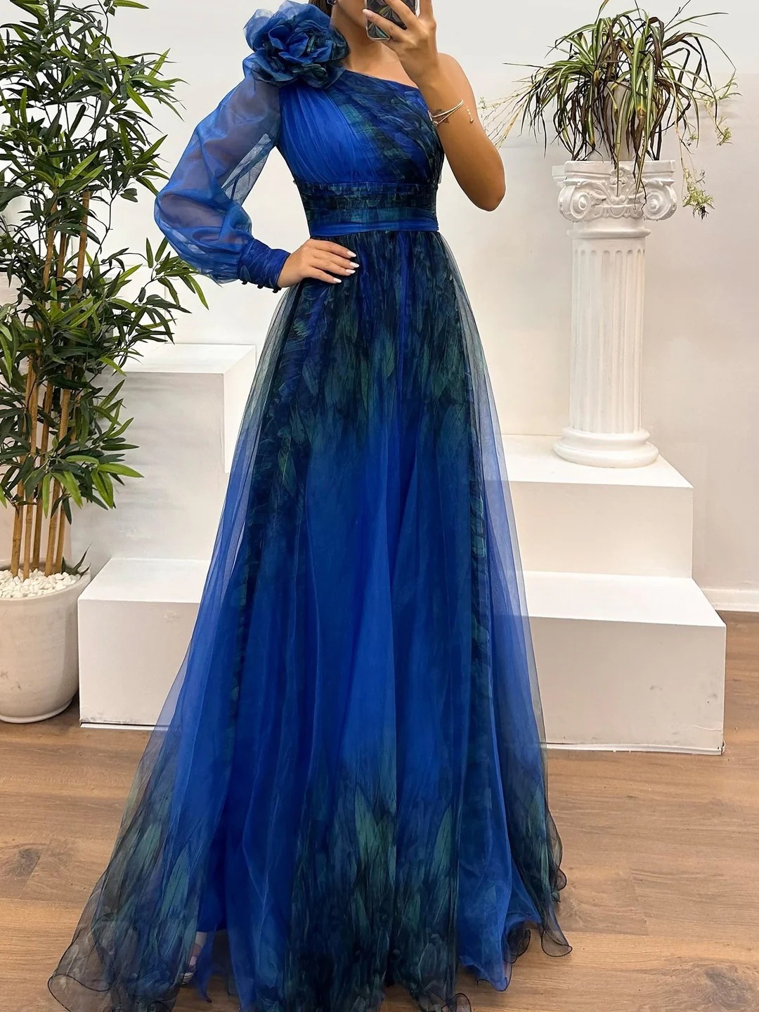 One-Shoulder Mesh Printed Maxi Dress