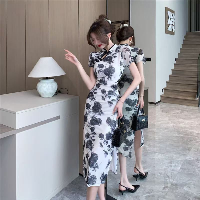 New Chinese Style Floral Print Pleated Cheongsam Dress