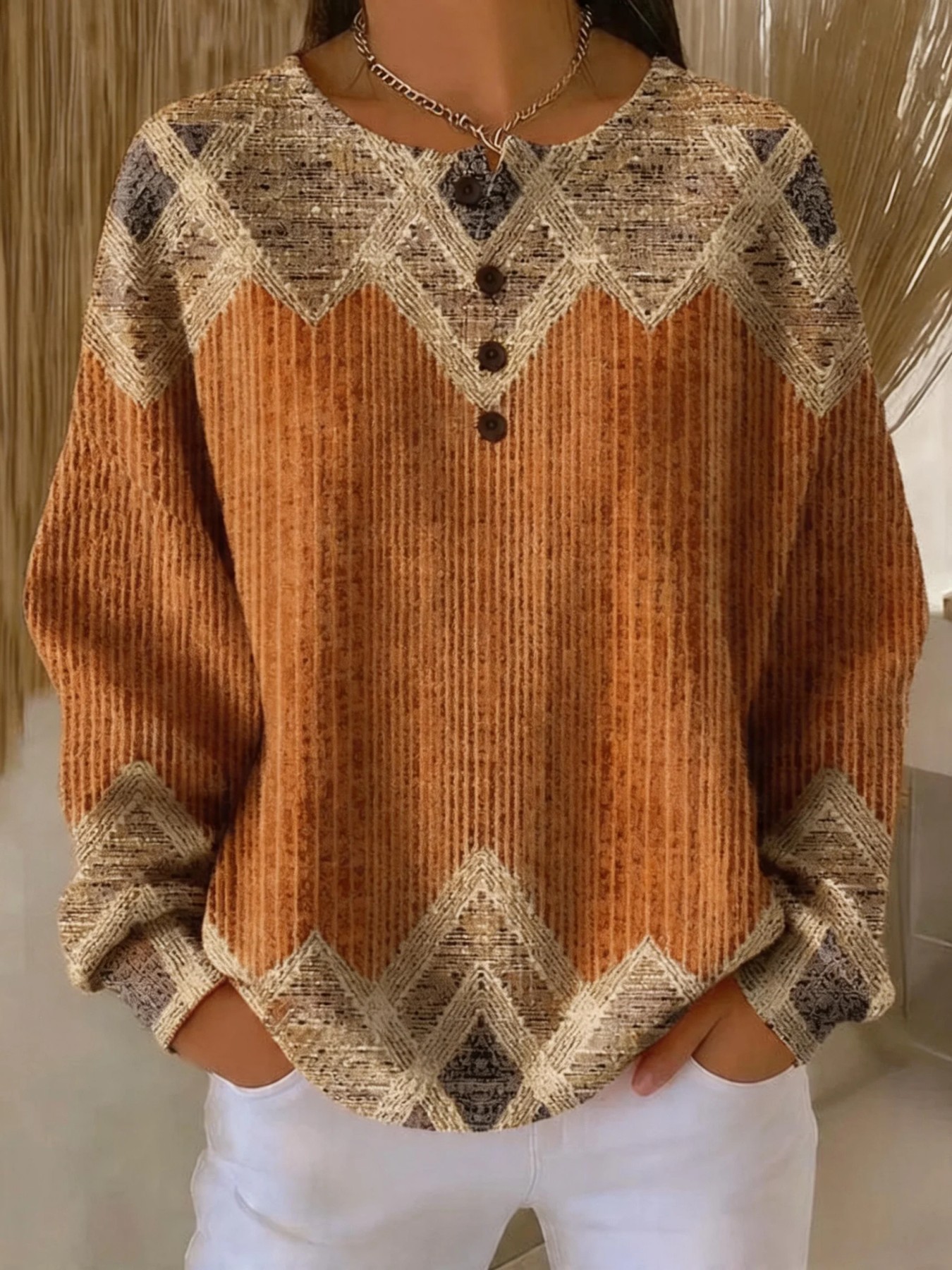 Women's Bohemian Paisley Print Buttoned Sweatshirt