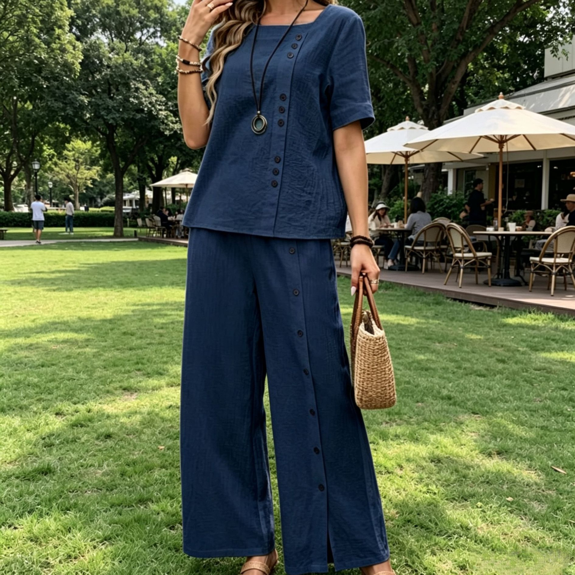 Cotton-Linen Two-Piece Set Short-Sleeve Button Top & Wide-Leg Pants