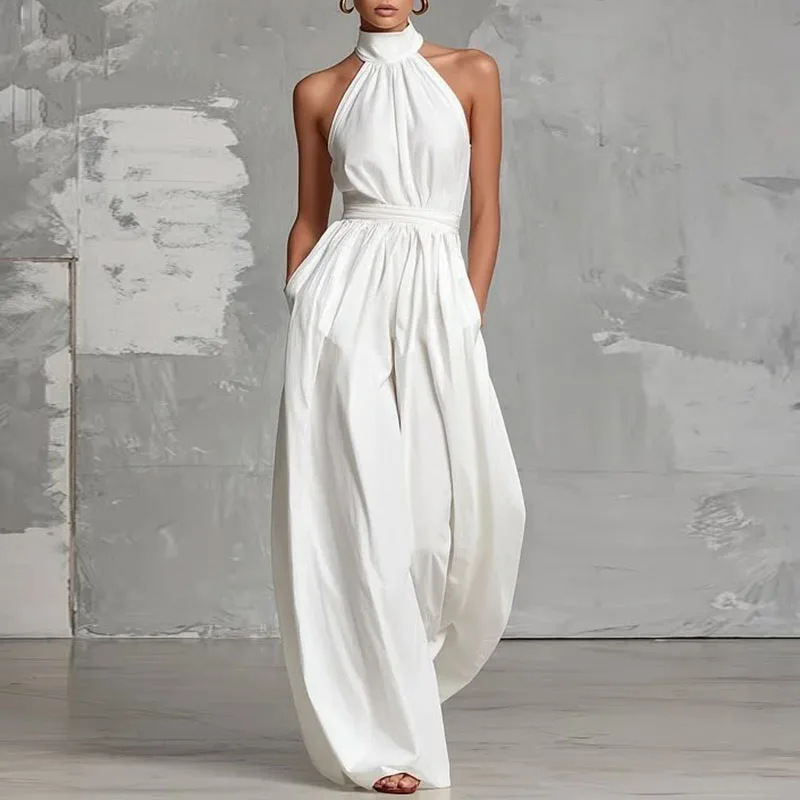 Women's Solid Color Waist-Defining Open-Back Halter Wide-Leg Jumpsuit