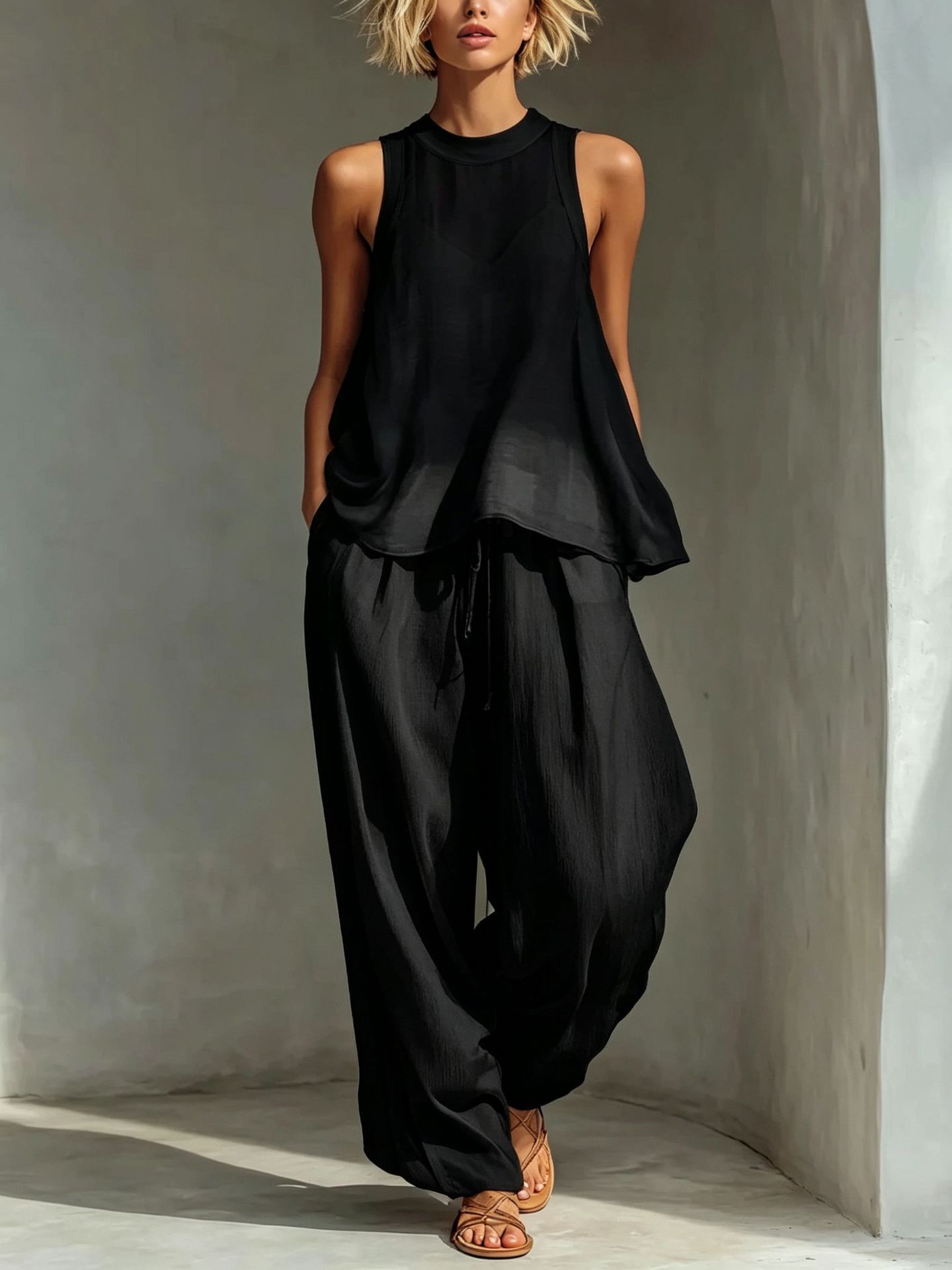 Sheer Sleeveless Drawstring Top & Wide-Leg Pants Set