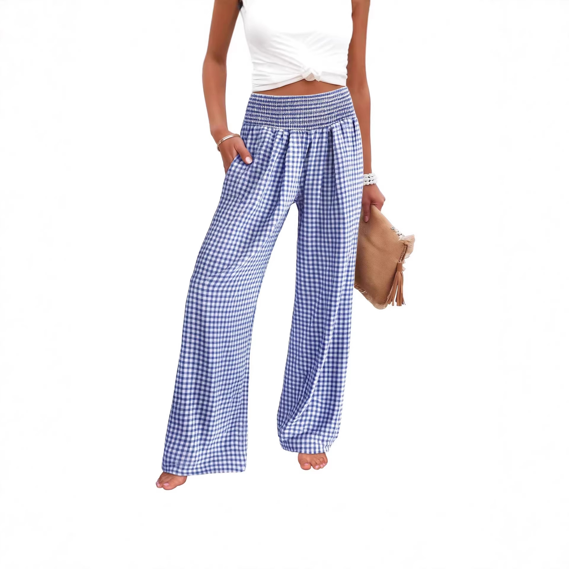 Plaid Wide-Leg Casual Pants with Elastic Waist
