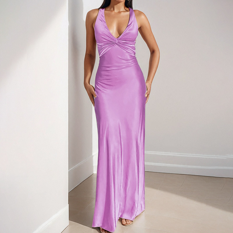 Women's V-Neck Ruched Bodycon Long Dress