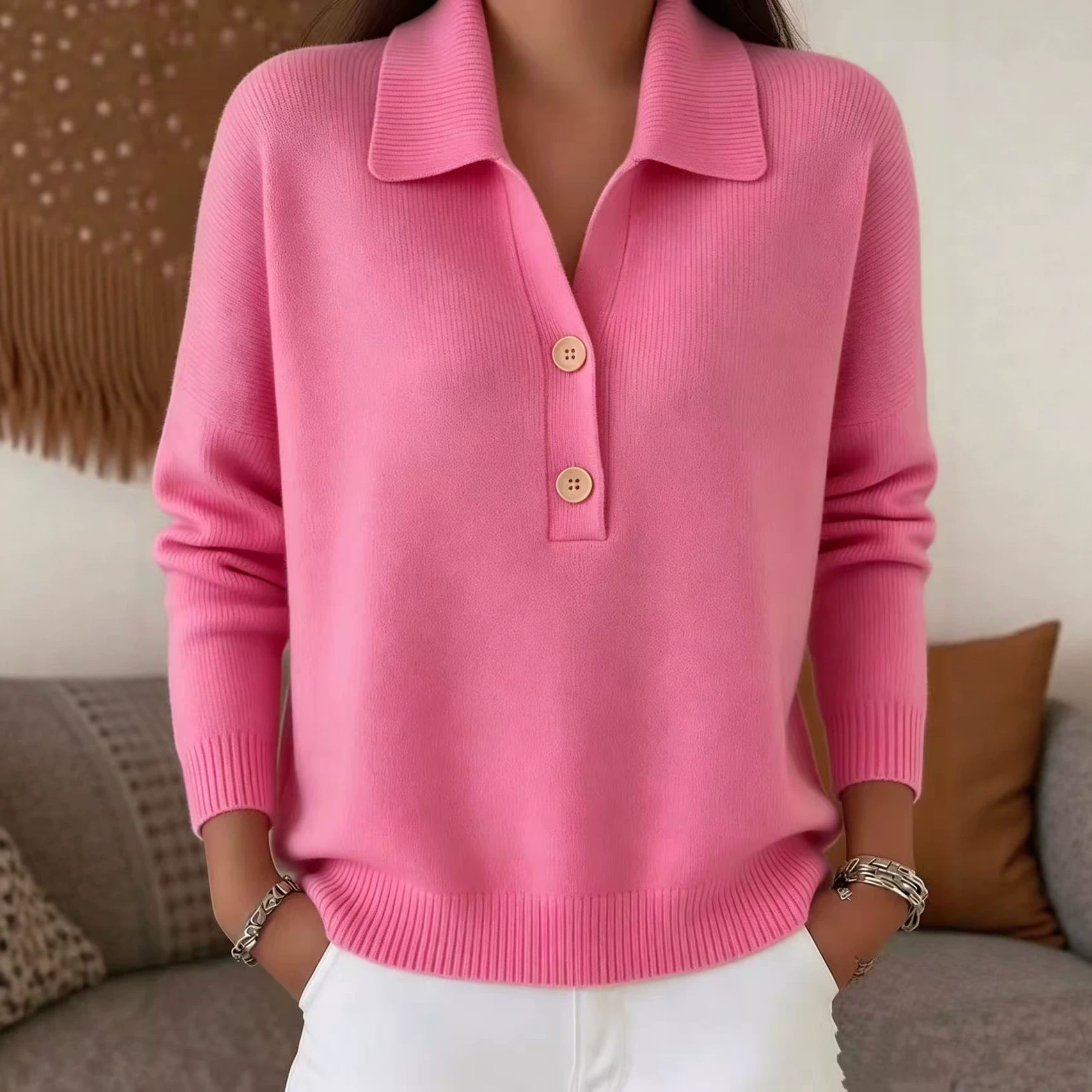 Women's Knit Sweater with Collared Half-Button Placket Loose Fit