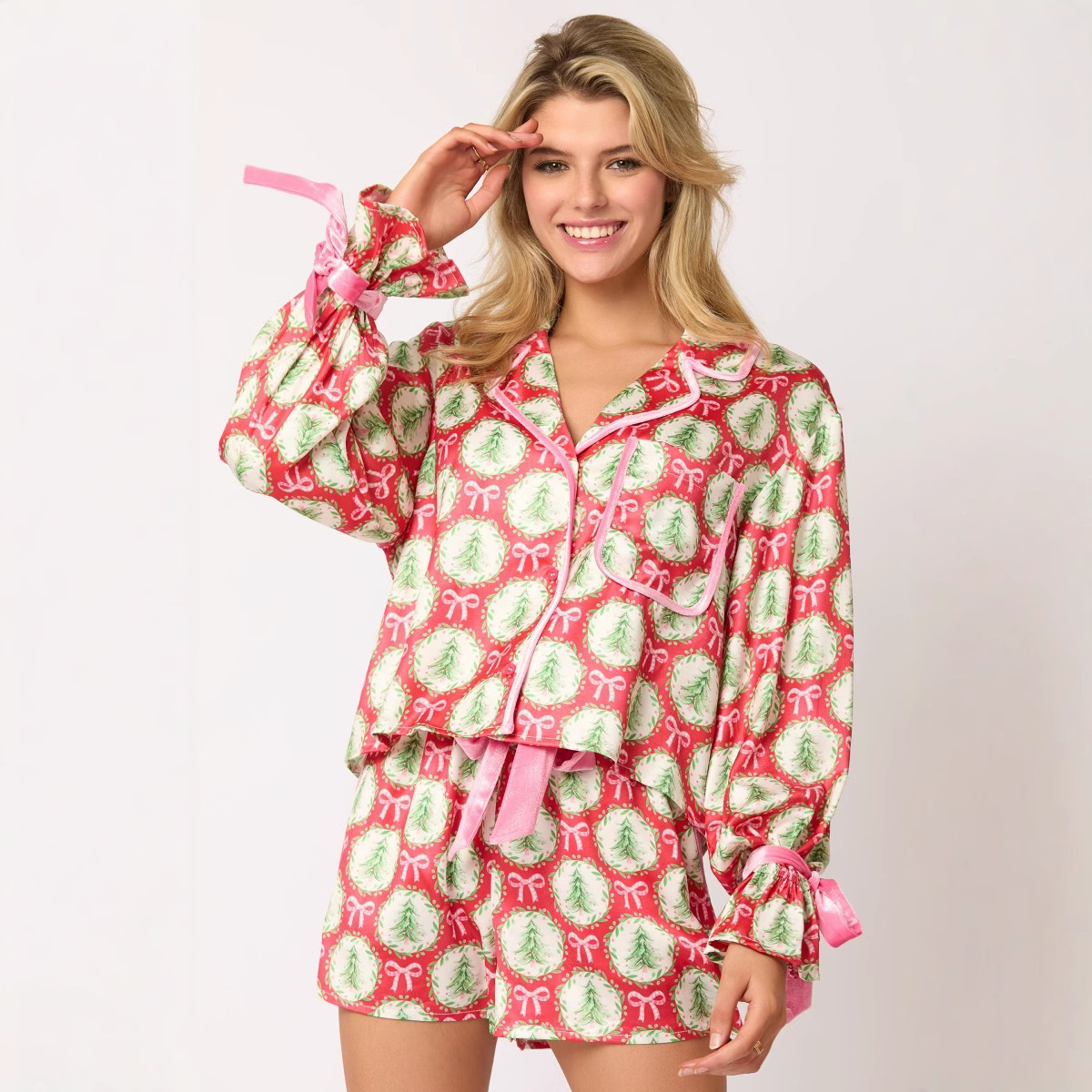 Christmas Santa Velvet Bow Pajama Set for Women