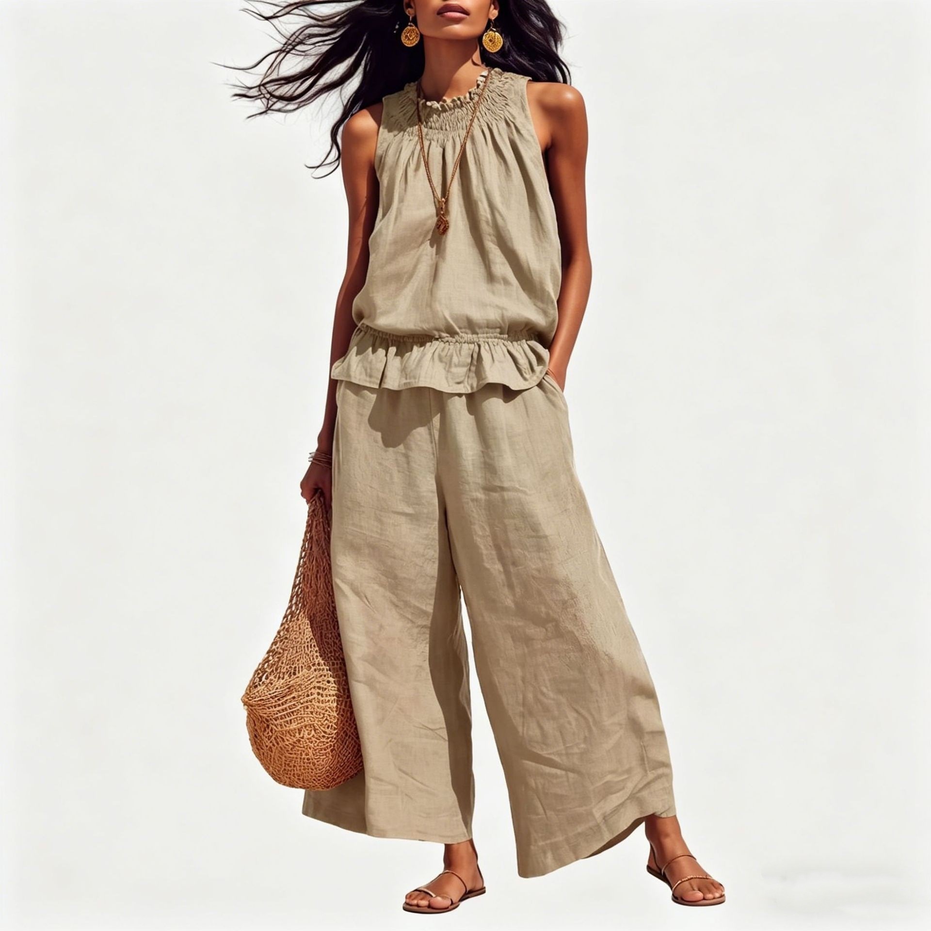 Women's Sleeveless Ruffle Top & Wide-Leg Pants Set