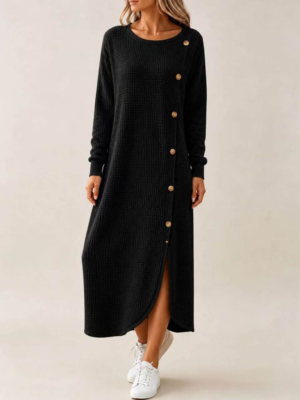 Waffle Knit Long Sleeve Button Slit Long Sweater Dress