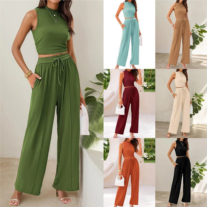 Sleeveless Knit Two-Piece Set with Fitted Top and Wide-Leg Pants
