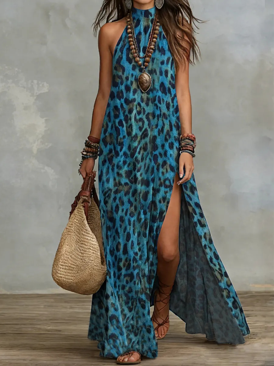 Paisley Print Halter Neck Long Dress Casual Loose Fit
