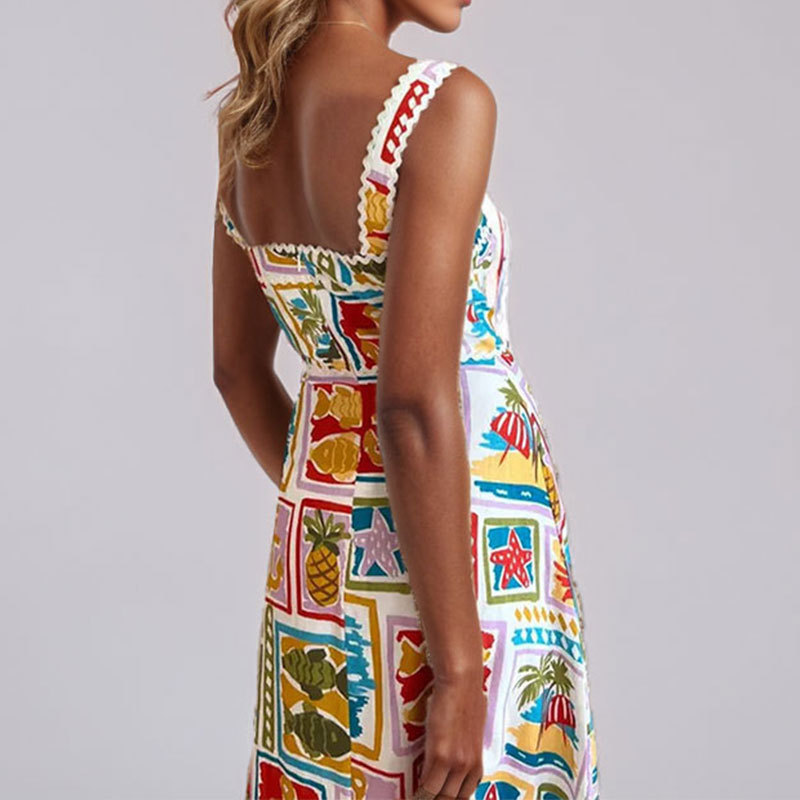 Women's Floral Print Cami Dress High Waist Square Neck Maxi