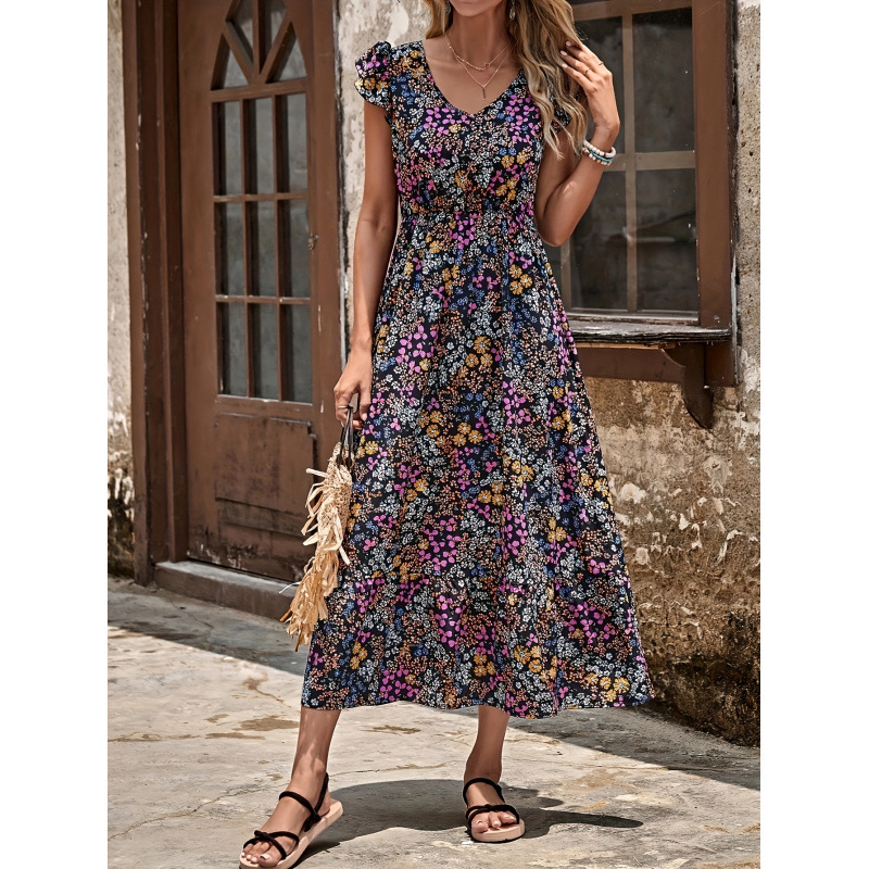 Floral V-Neck Boho Maxi Dress with Flutter Sleeves