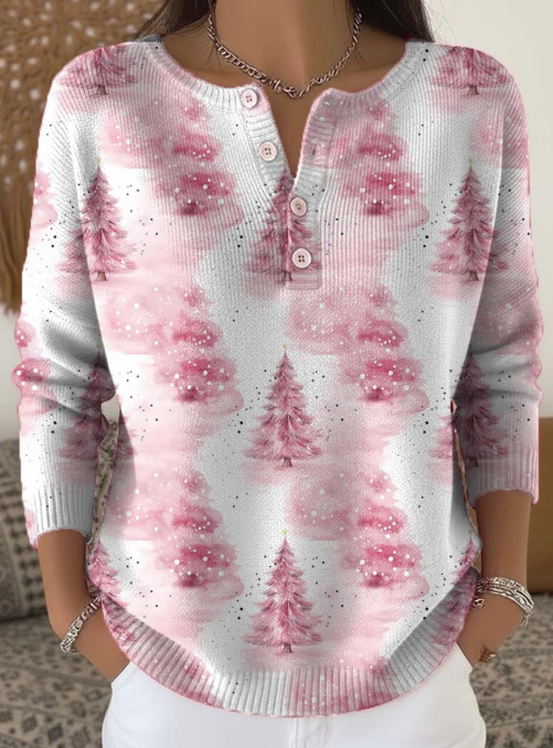 Women's Christmas Dinosaur Forest Print Button Sweatshirt