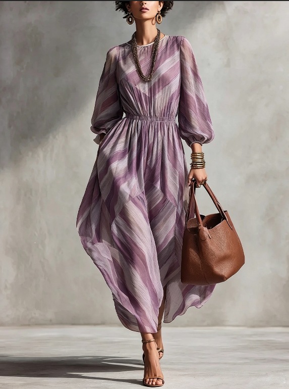 Twill Print Lantern Sleeve Maxi Dress Waist-Cinched Women's Vacation Dress