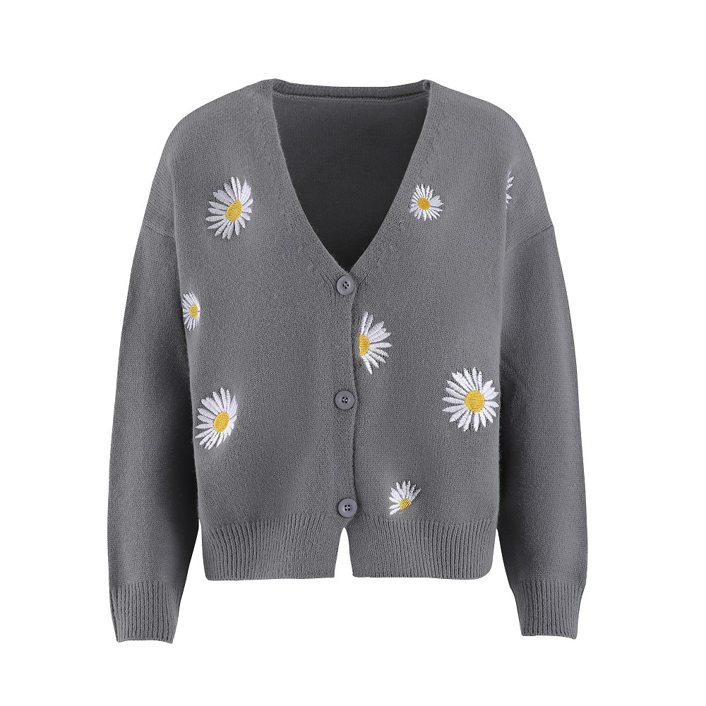 Women's Button-Front Floral Embroidered Knit Cardigan Sweater