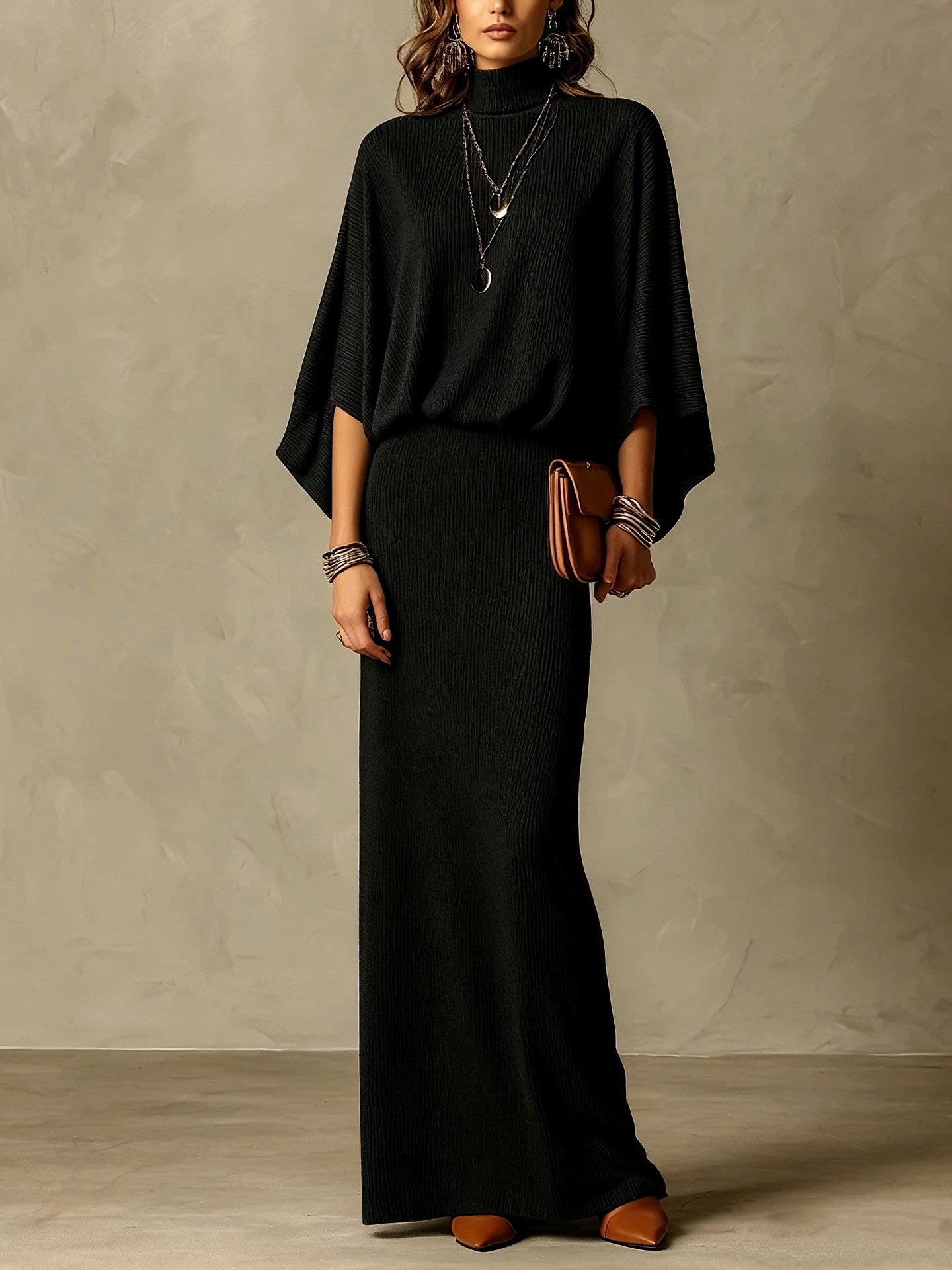 Solid Ribbed Batwing Sleeve Two-Piece Skirt Set Slimming Casual