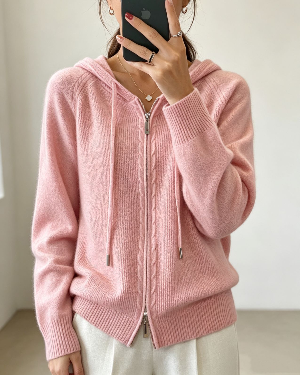 Women's Solid Hooded Faux Wool Cardigan Zip-Up Knit Sweater