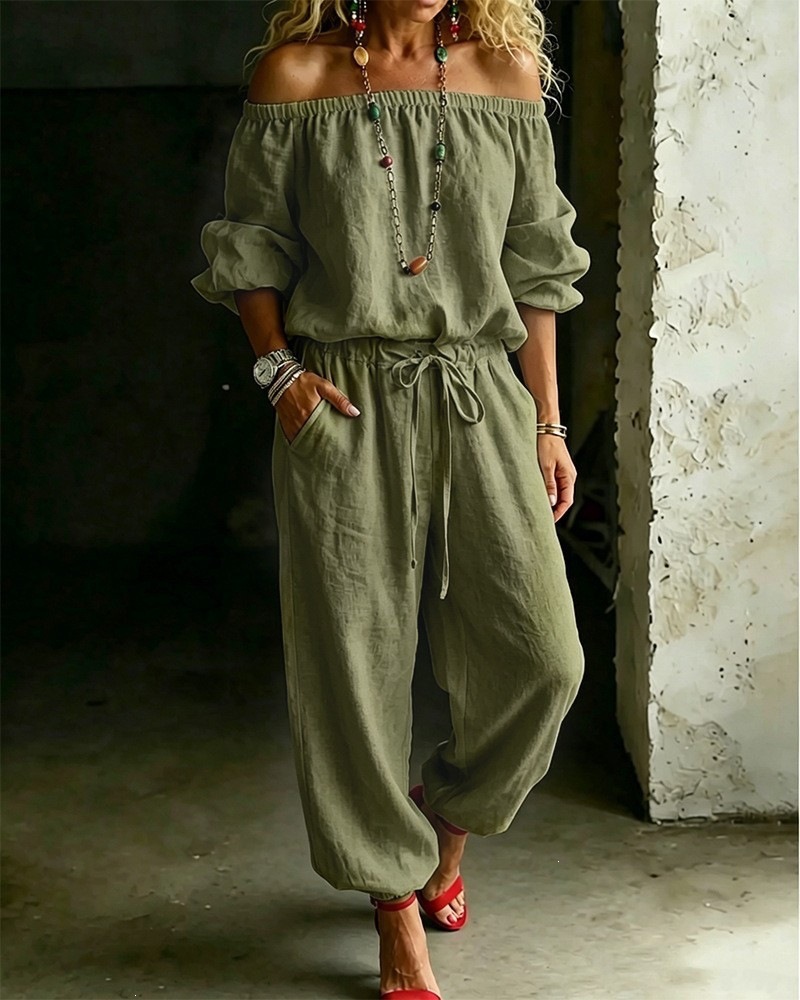 Textured Cotton-Linen Off-Shoulder Set with Puff Sleeves and Pocket Jogger Pants