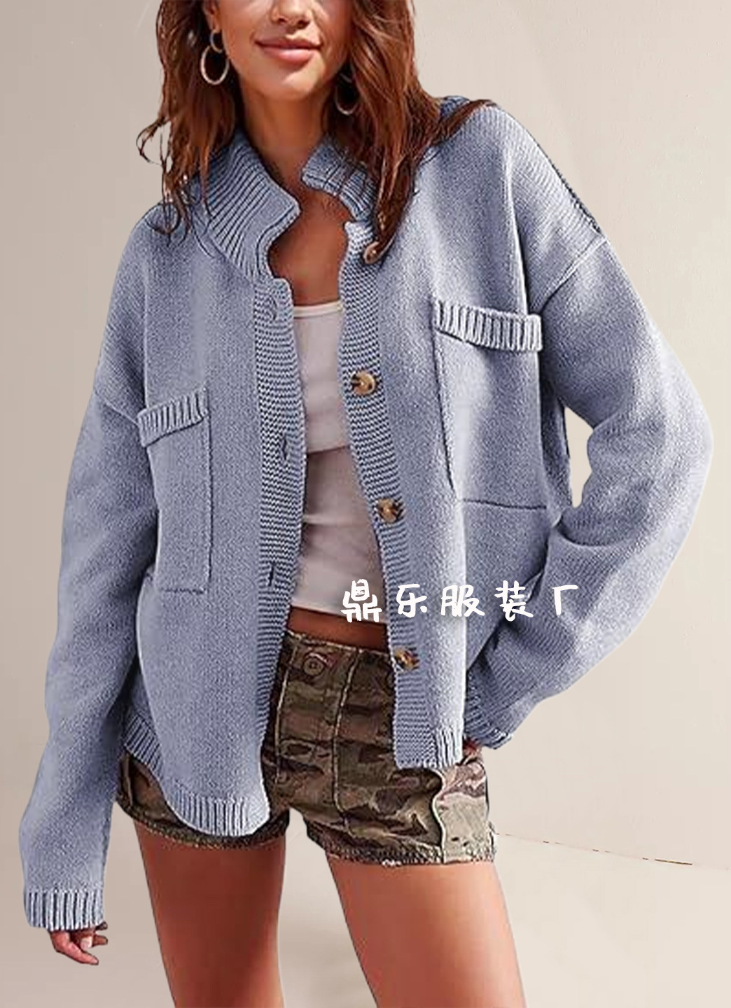 Women's Stand Collar Solid Knit Cardigan Sweater