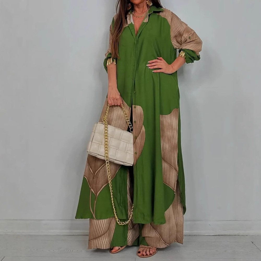 Women's Colorblock Loose Shirt and Pants Two-Piece Set