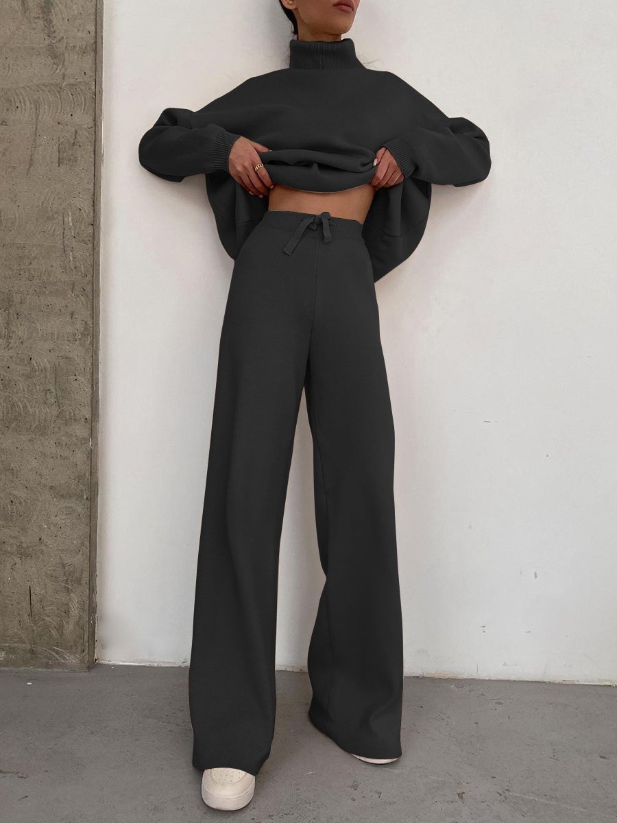Women's Long Sleeve Wide Leg Pants Set High Neck Loose Casual Two Piece