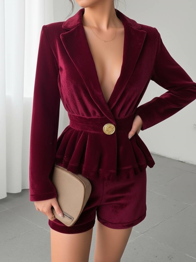 Velvet V-Neck Waist-Cinched Blazer Set