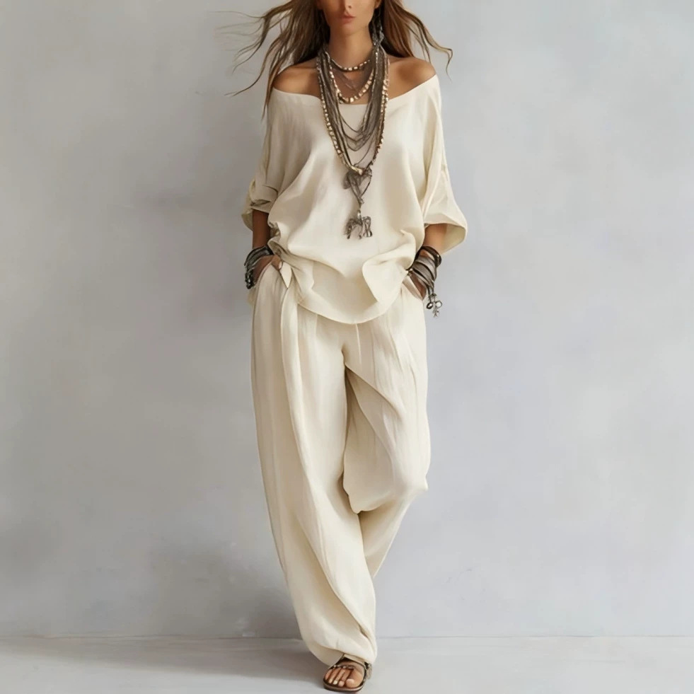 Off-Shoulder Two-Piece Set with Batwing Sleeve Top and High-Waist Wide-Leg Pants