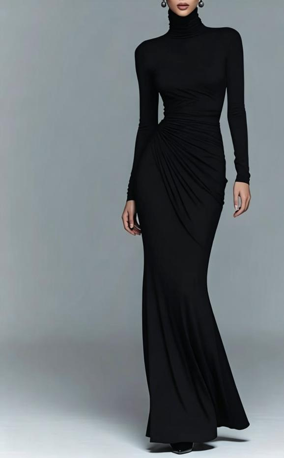 Solid High-Neck Long-Sleeve Fitted Waist-Cinching Maxi Dress