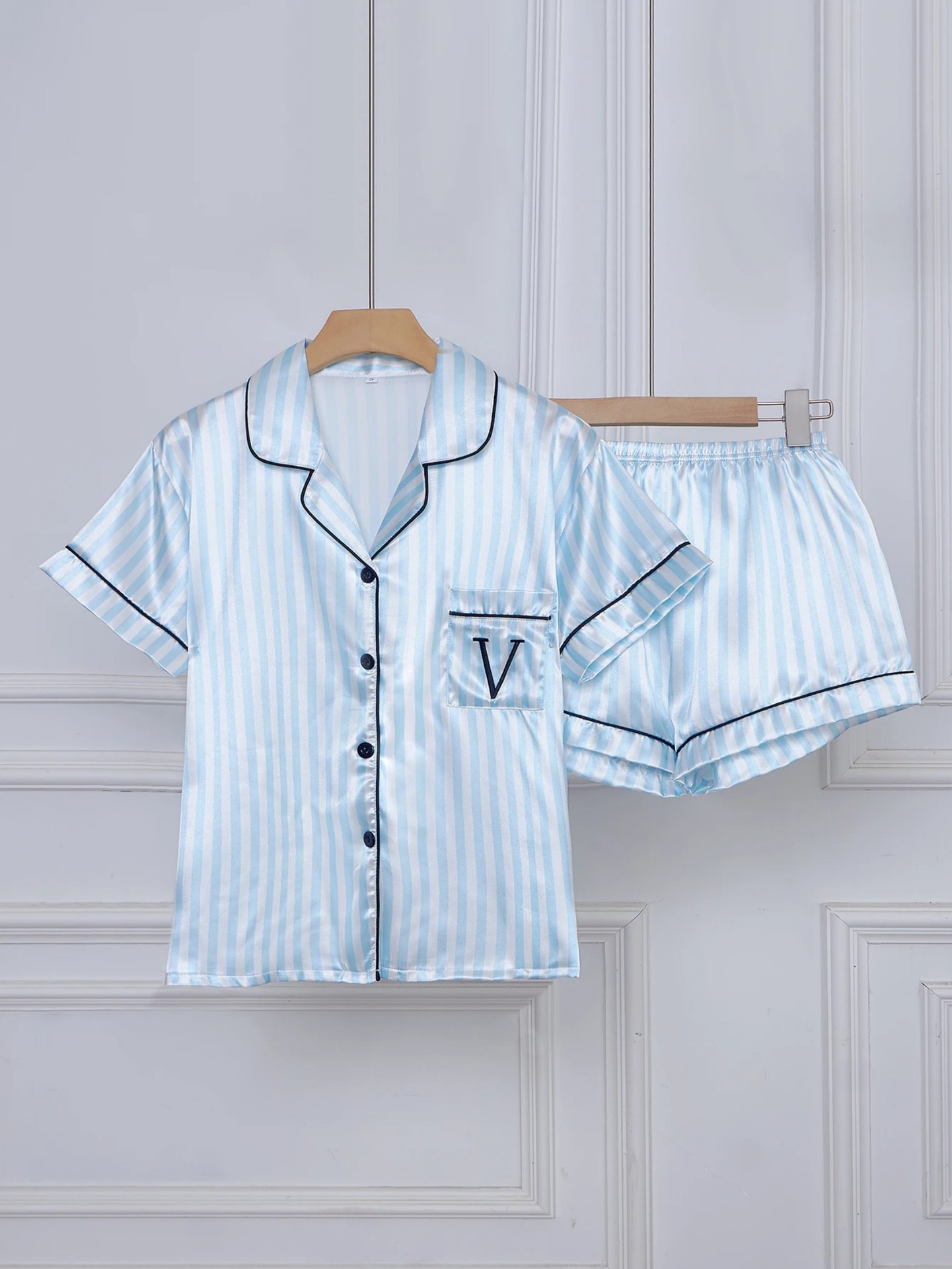 Women's Cuban Collar Striped Letter Short Sleeve Shirt Set