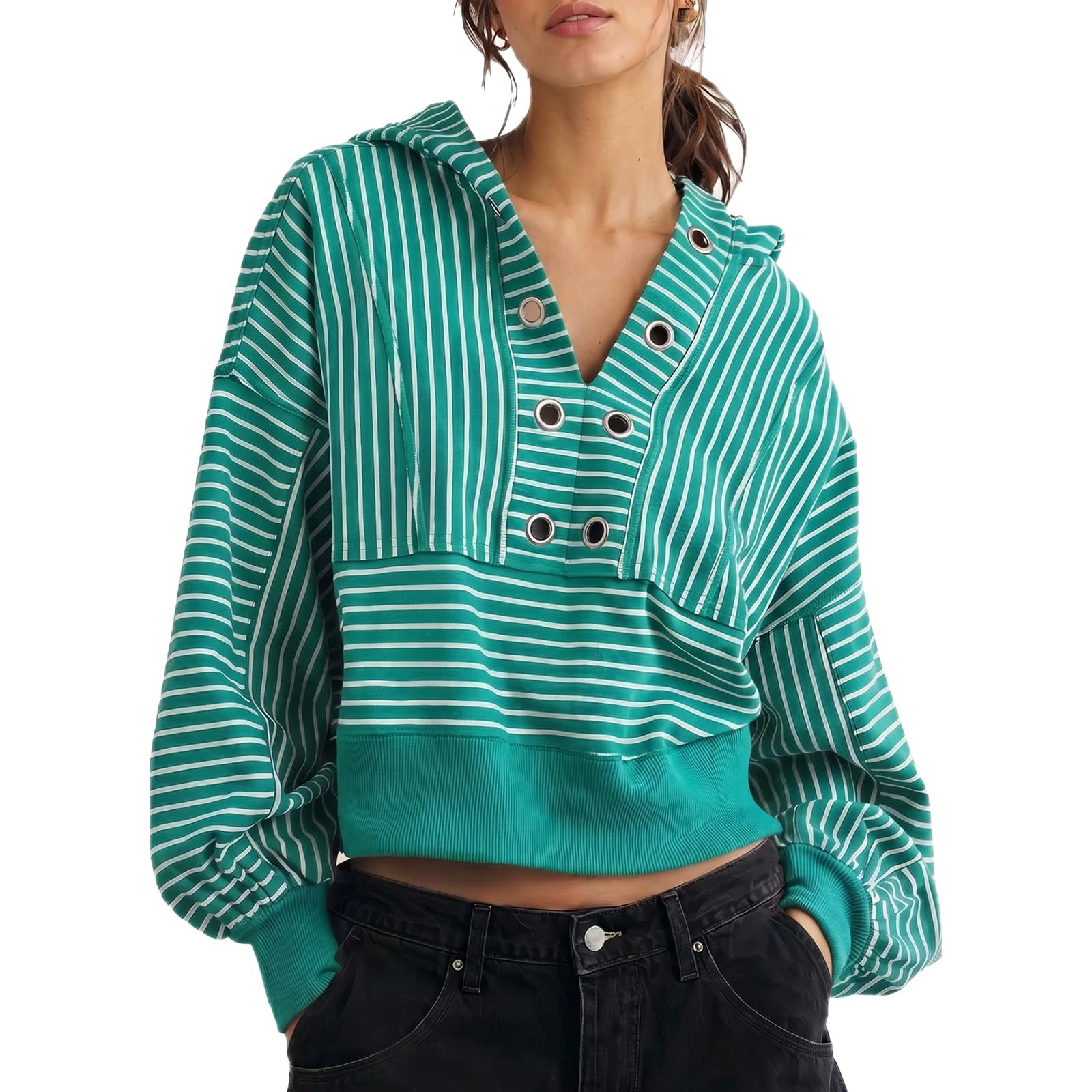 Women's Striped Short V-Neck Hooded Loose Sweatshirt