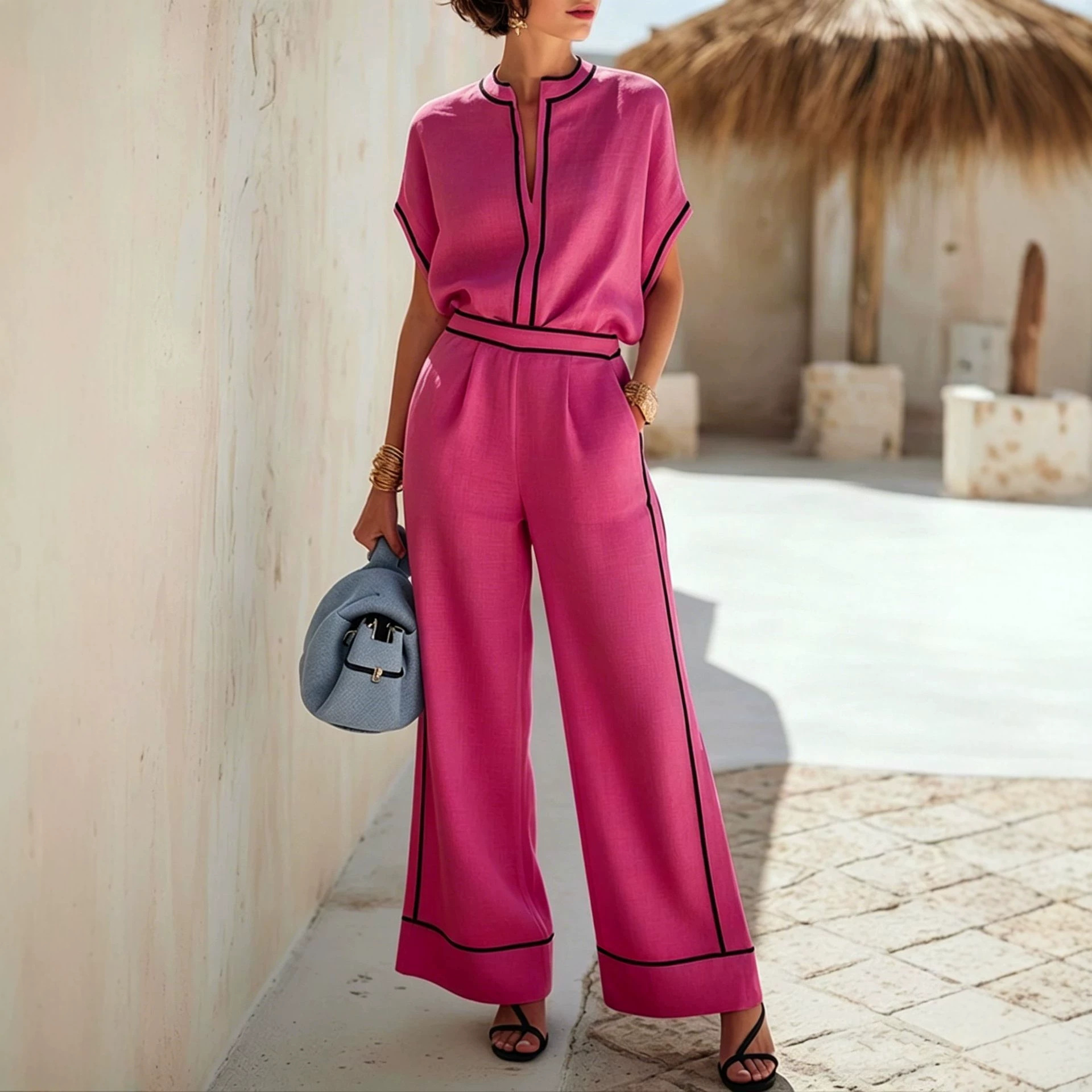 Minimalist Vacation Short Sleeve Top & Black Trim Wide-Leg Pants Set