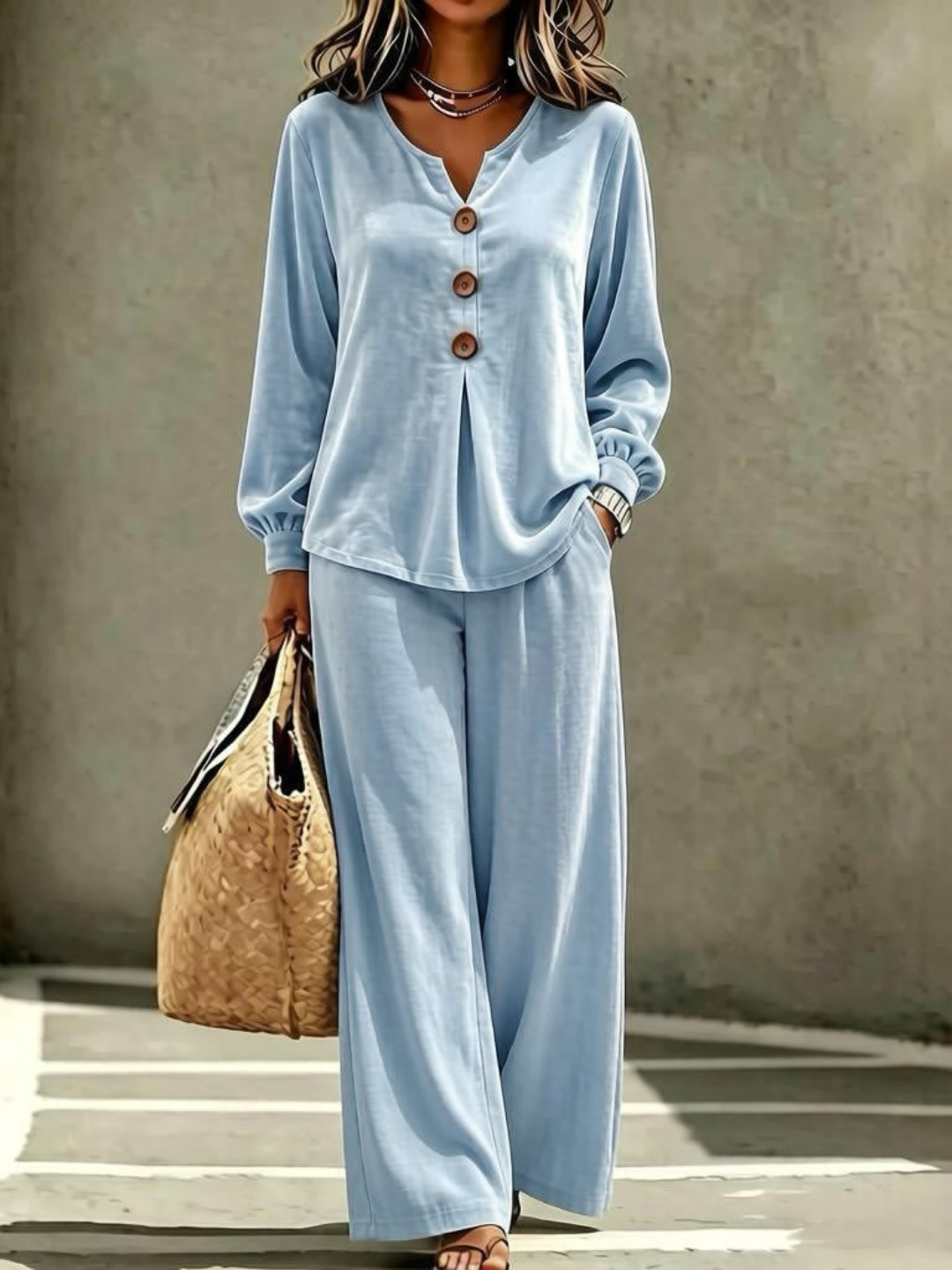 Women's Velvet Button V-Neck Long Sleeve Top and Pants Two-Piece Set