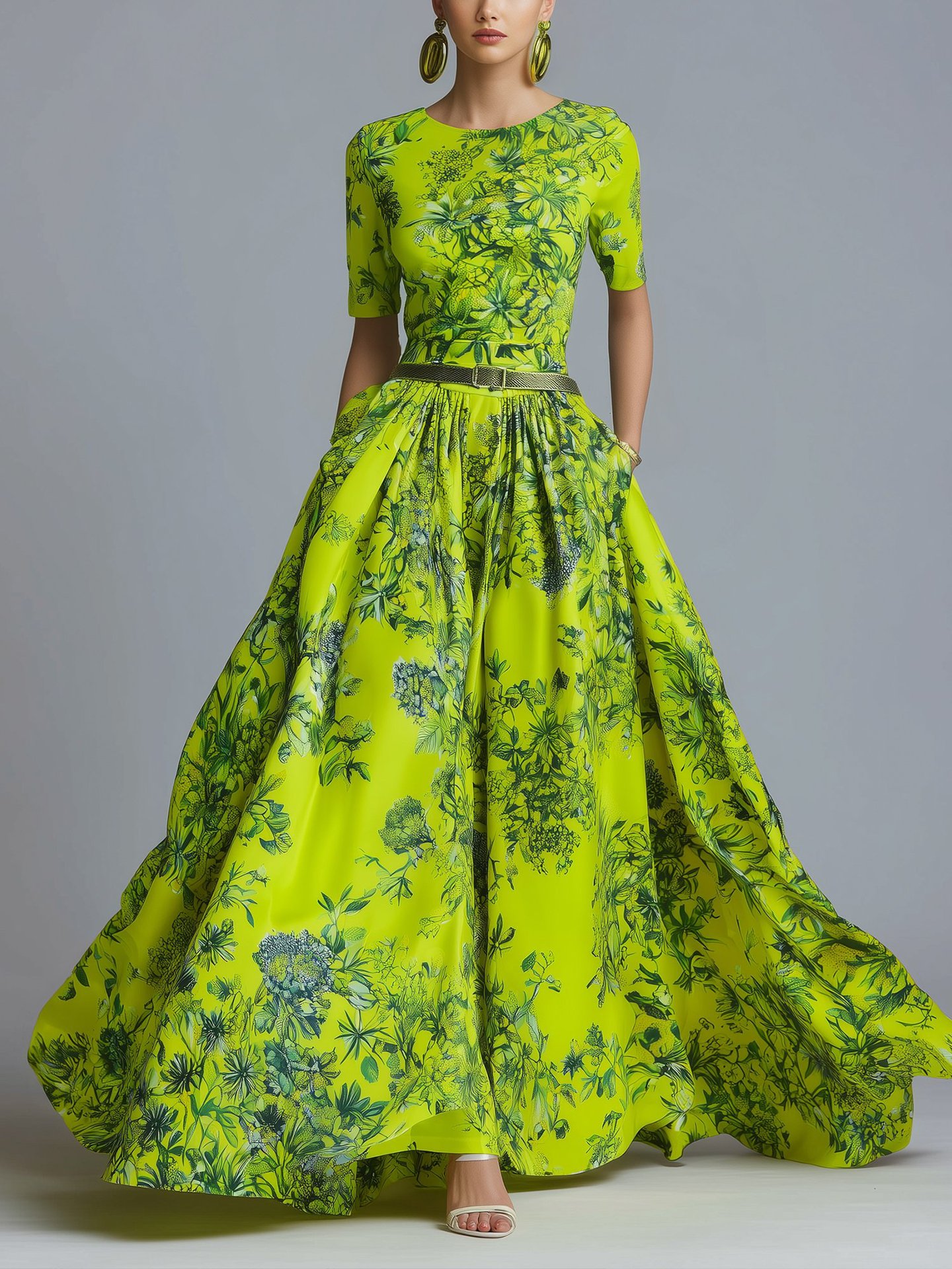 Women's Elegant Floral Print Maxi Dress with Belt