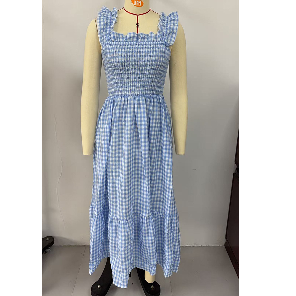 Square Neck Plaid Smocked Maxi Dress