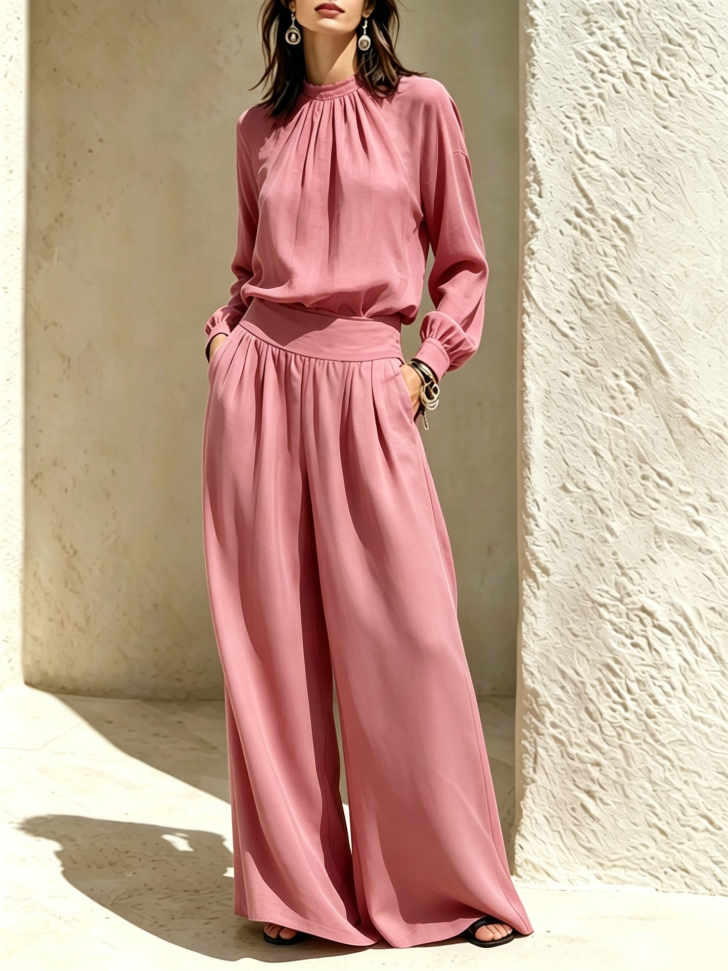 Women's Stand Collar Loose Top and Wide-Leg Pants Set
