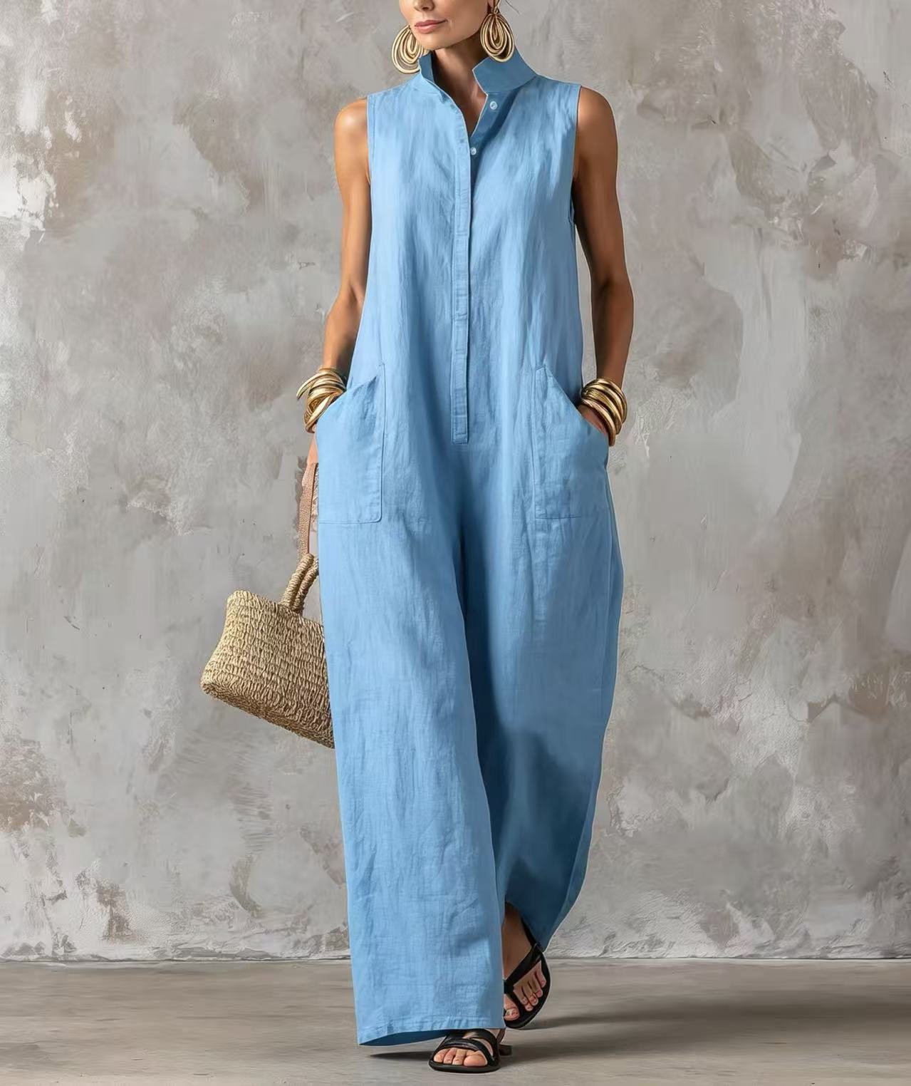 Women's Linen-Blend Sleeveless Button-Front Jumpsuit with Stand Collar