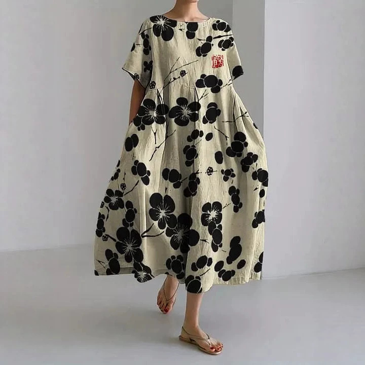 Women's Loose Round Neck Floral Print Midi Dress