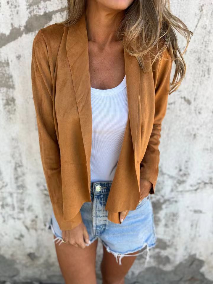 Faux Suede Open-Front Cardigan Solid Color Lightweight Women's Jacket