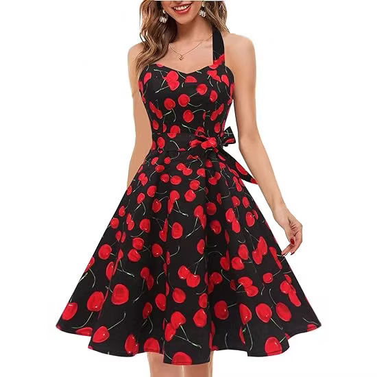 Women's Summer Halter Neck Sleeveless Floral Print Vintage Maxi Dress