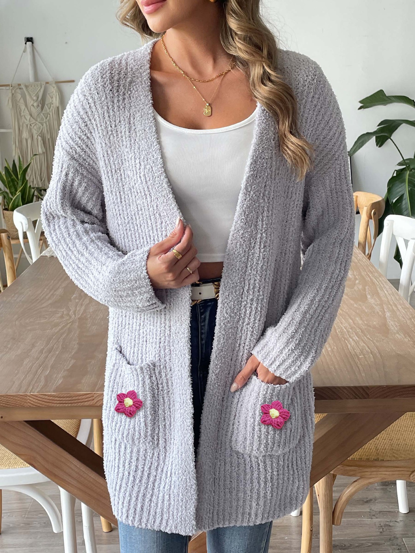 Women's Knit Cardigan with Hand-Crochet Floral Appliqué and Dual Pockets