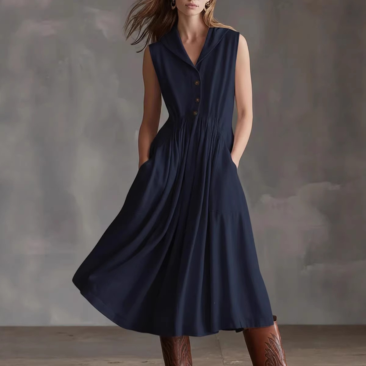 Women's Sleeveless A-Line Midi Dress with Oversized Collar