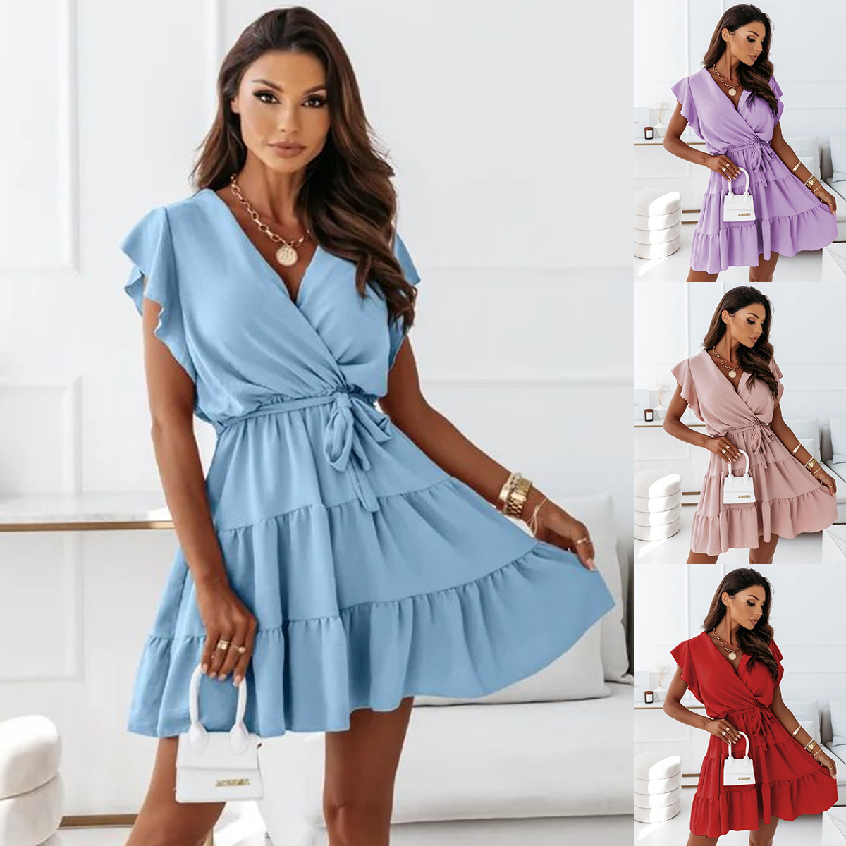 Women's Solid V-Neck Tie-Front Ruched Short Sleeve Dress