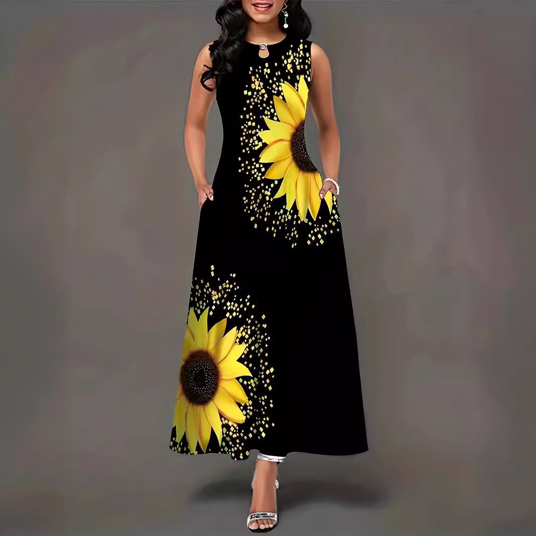 Women's Sleeveless Bohemian Maxi Dress with Placement Print and Flared A-Line Skirt