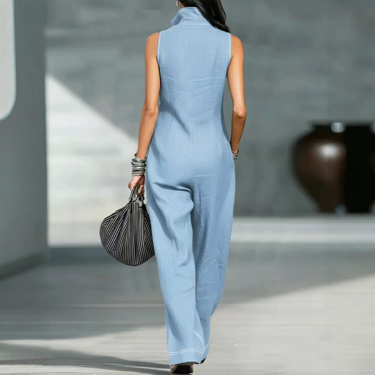 Women's Sleeveless Stand Collar Wide-Leg Jumpsuit Casual Loose Solid Color