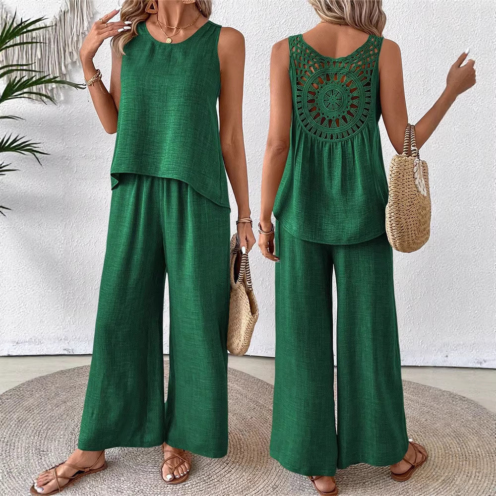 Women's Solid Color Back Cutout Embroidered Sleeveless Top and Pants Set