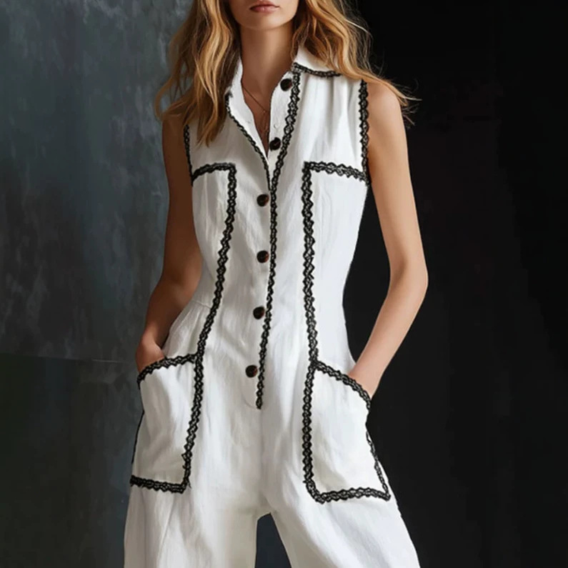 Women's Casual Vintage Lace Trim White Sleeveless Wide Leg Jumpsuit