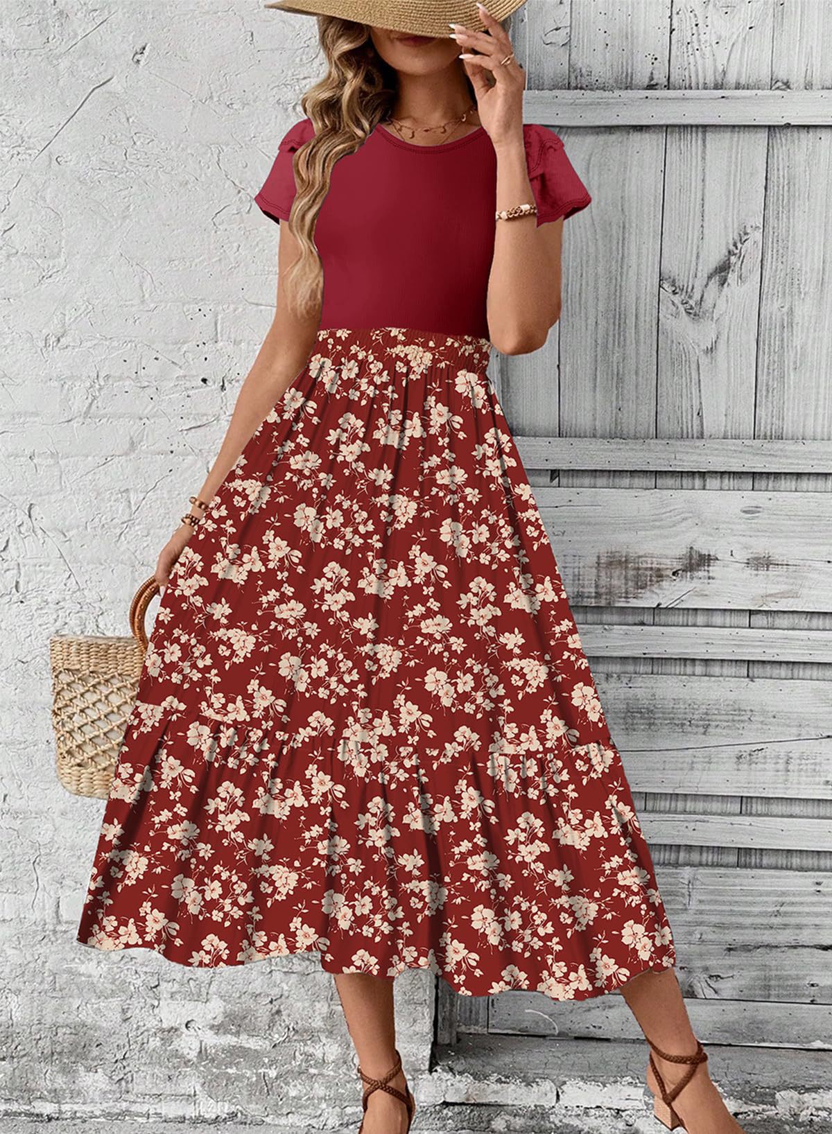 Floral Print Round Neck Maxi Dress Boho Vacation Elegant