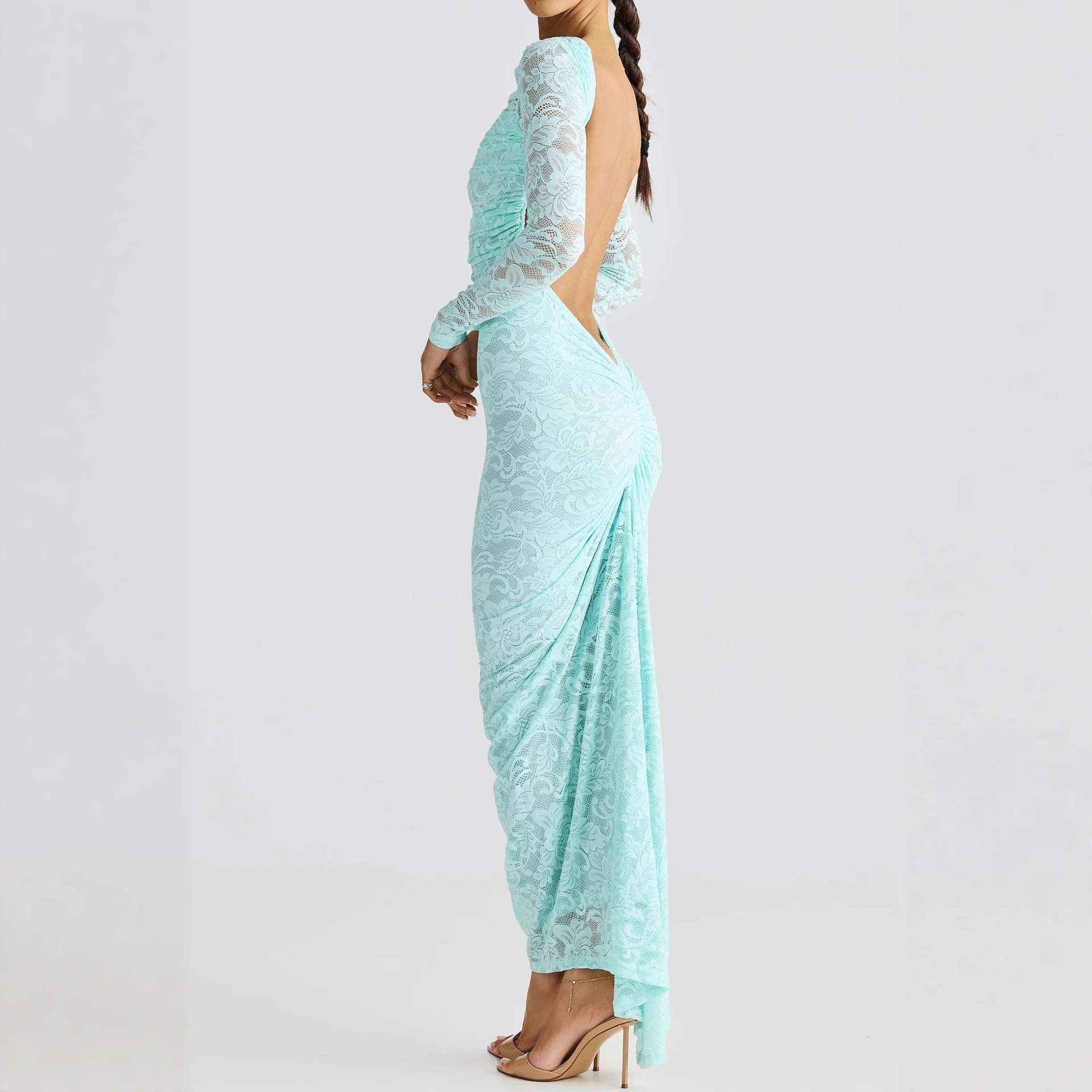 Sheer Lace Long Sleeve Open Back Bodycon Maxi Dress