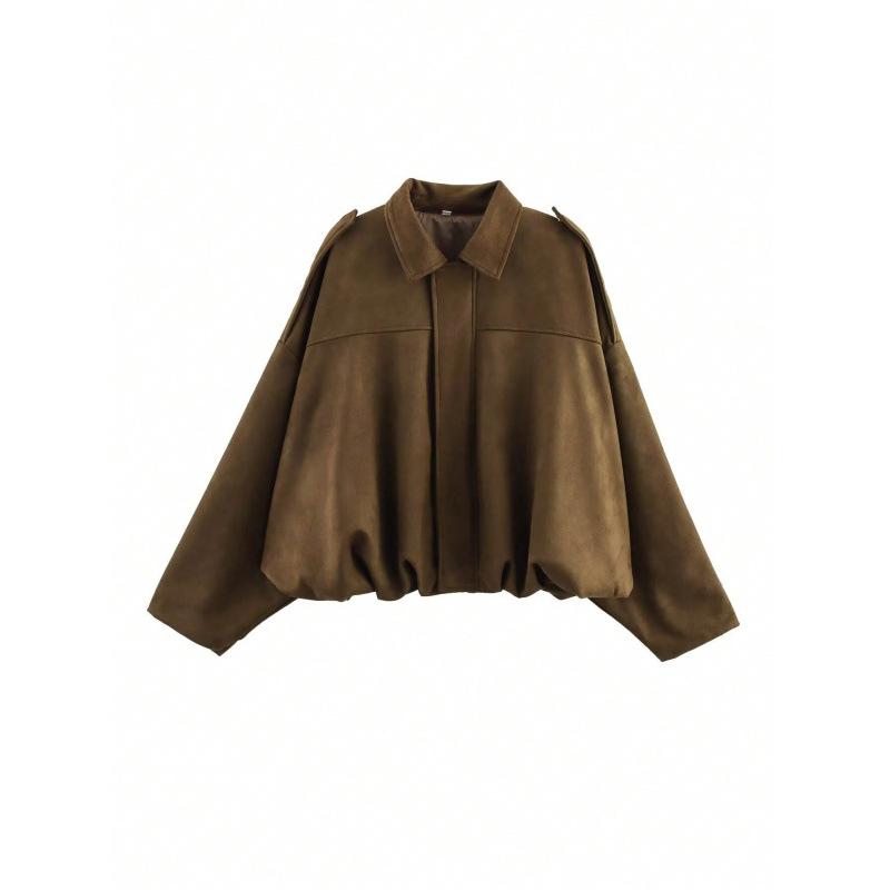 Sueded Faux Leather Bomber Jacket with Collar