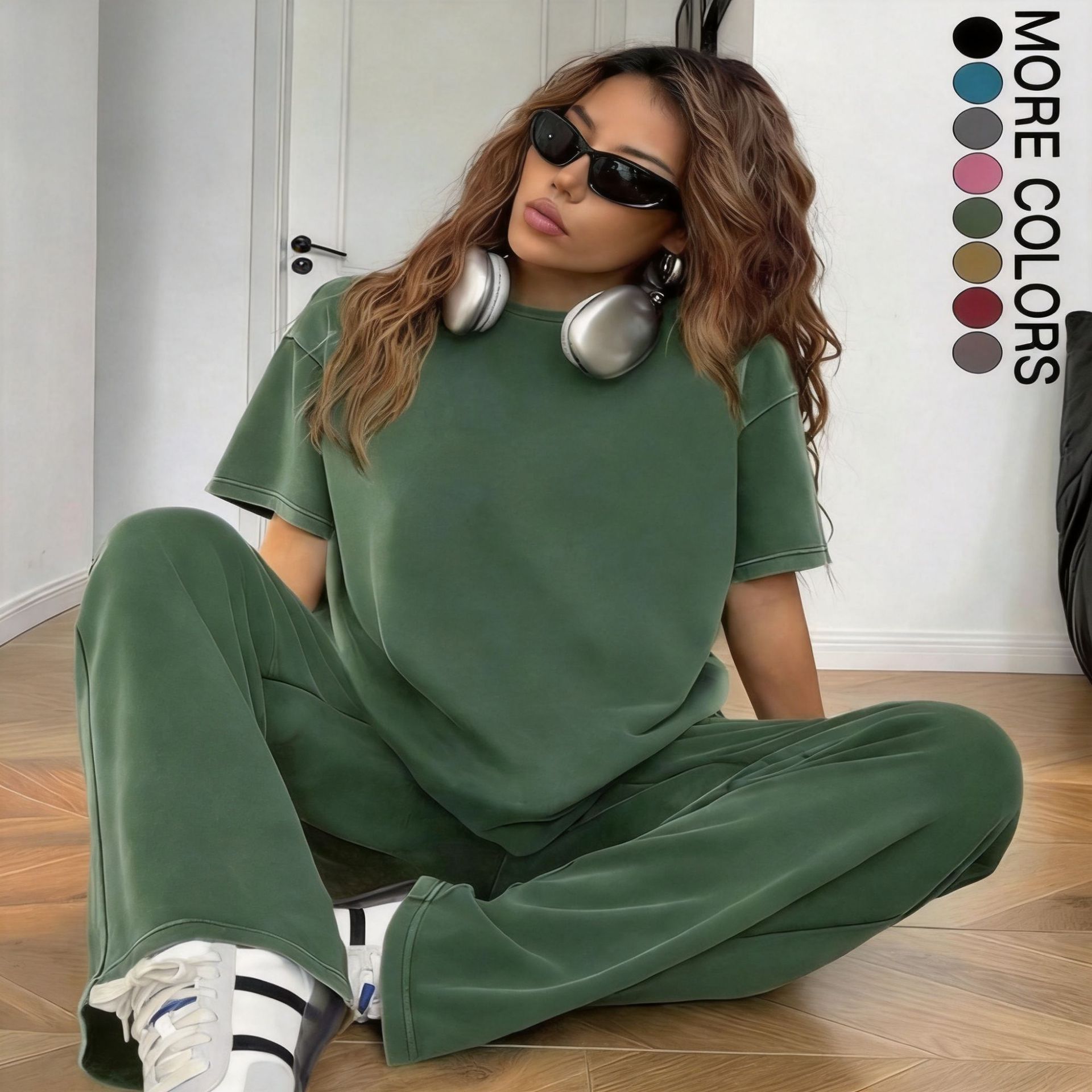 Women's Distressed Short Sleeve T-Shirt and Pants Two-Piece Set Casual